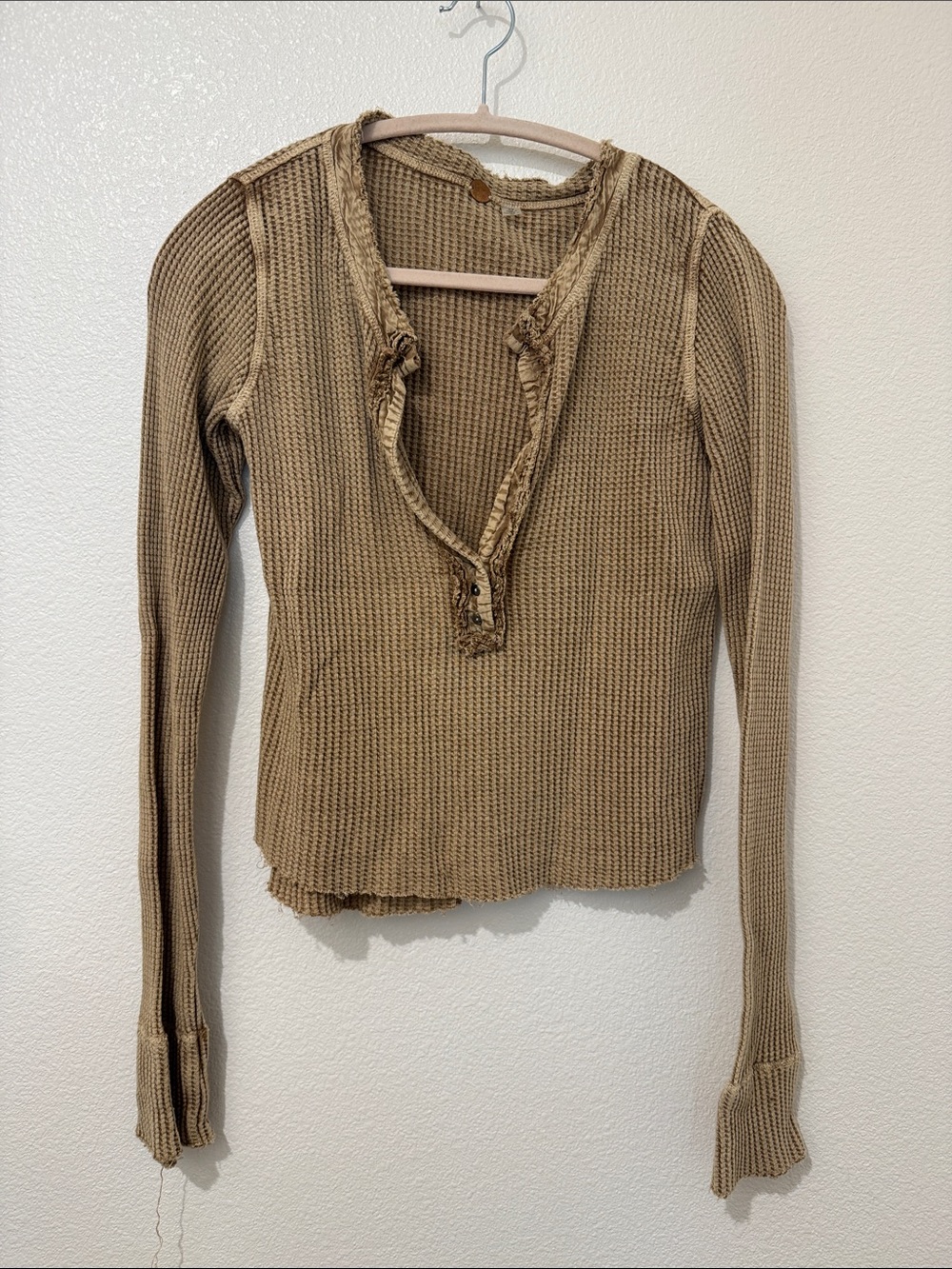 Free People One Colt Thermal Beige Waffle Knit Henley Long Sleeve Top